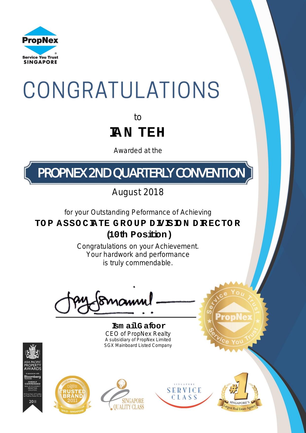 PropNex 2nd Quarterly Convention · Top Associate Group Division Director (10th) · August 2018