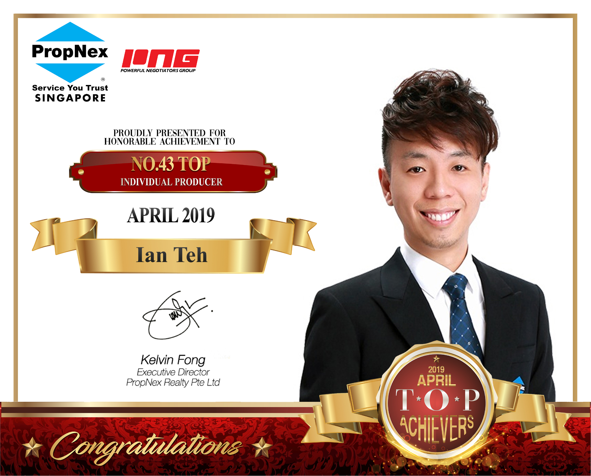 PropNex Top 43rd Individual Producer · April 2019