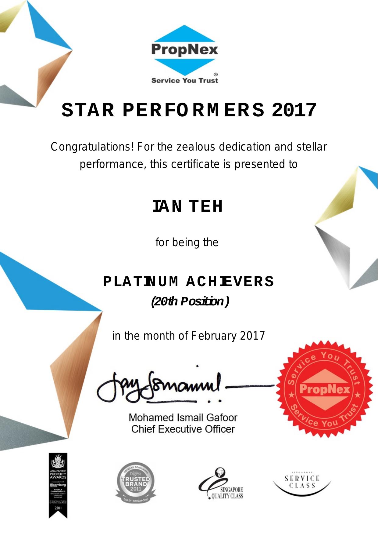 Star Performers · Platinum Achiever (20th) · February 2017