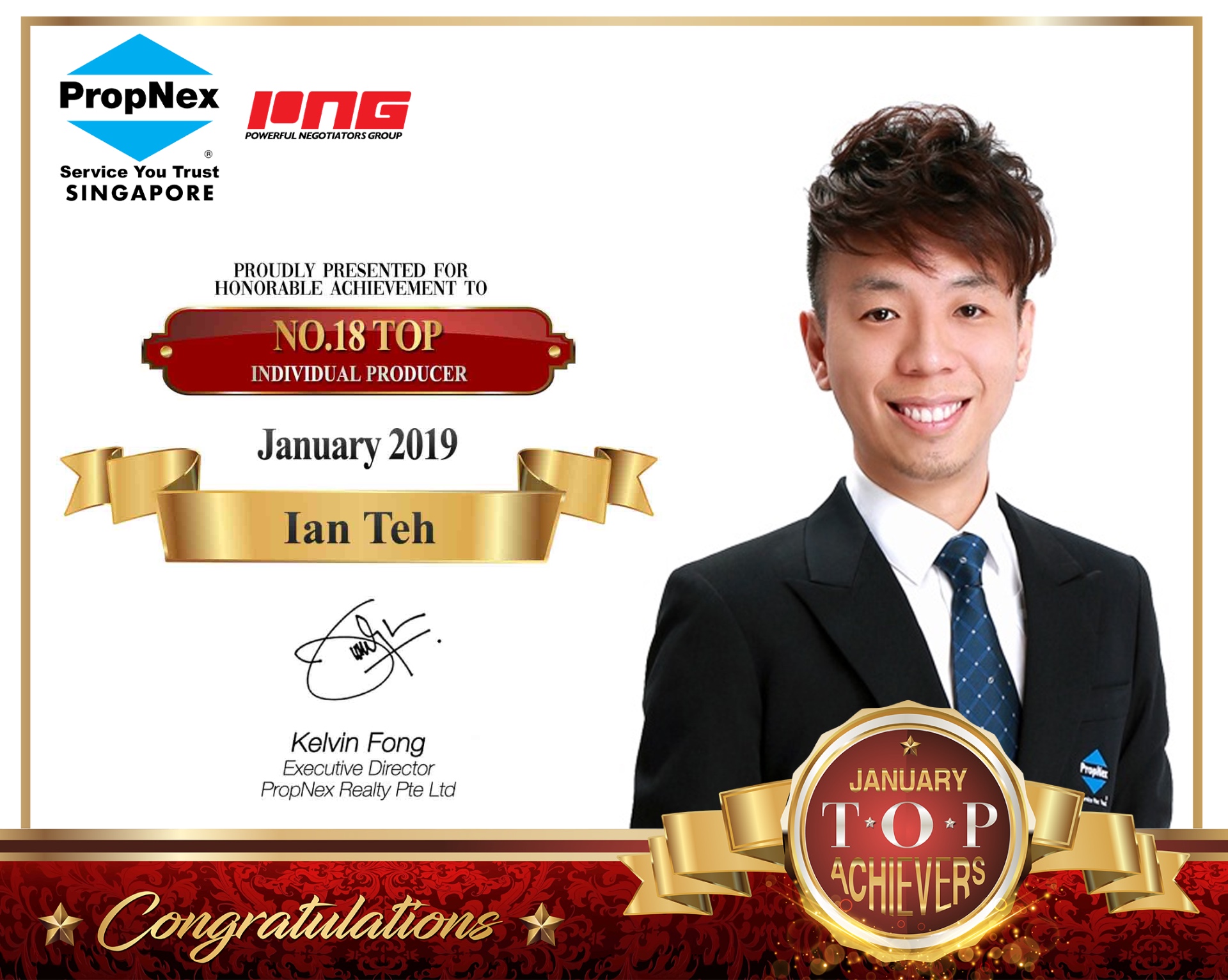 PropNex Top 18th Individual Producer · January 2019