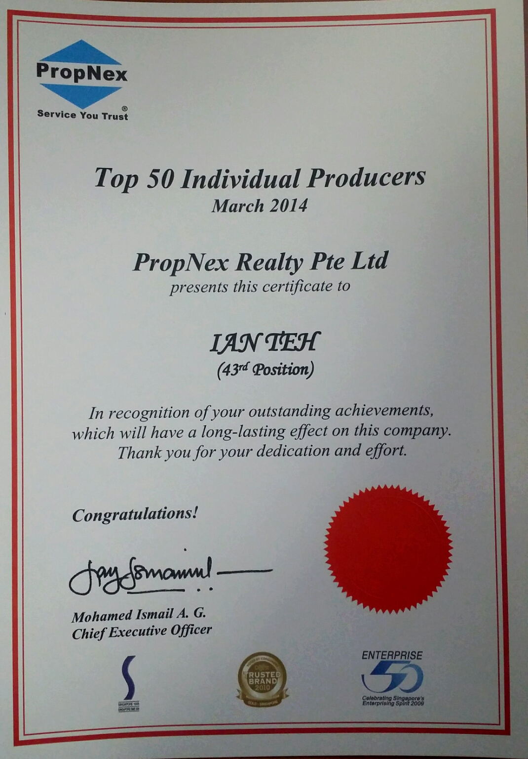PropNex Top 50 Individual Producers (43rd) · March 2014