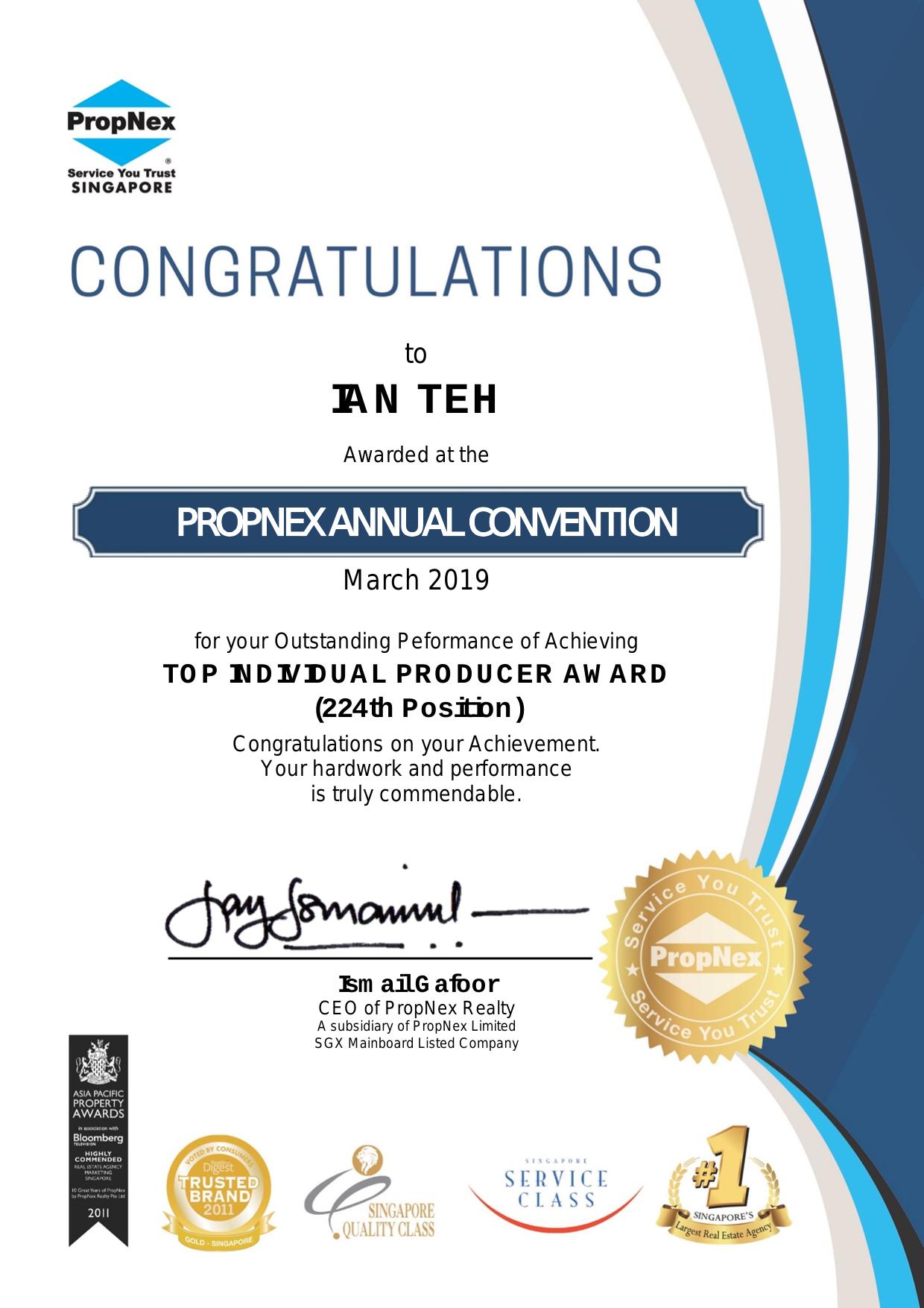 PropNex Annual Convention · Top Individual Producer 2018