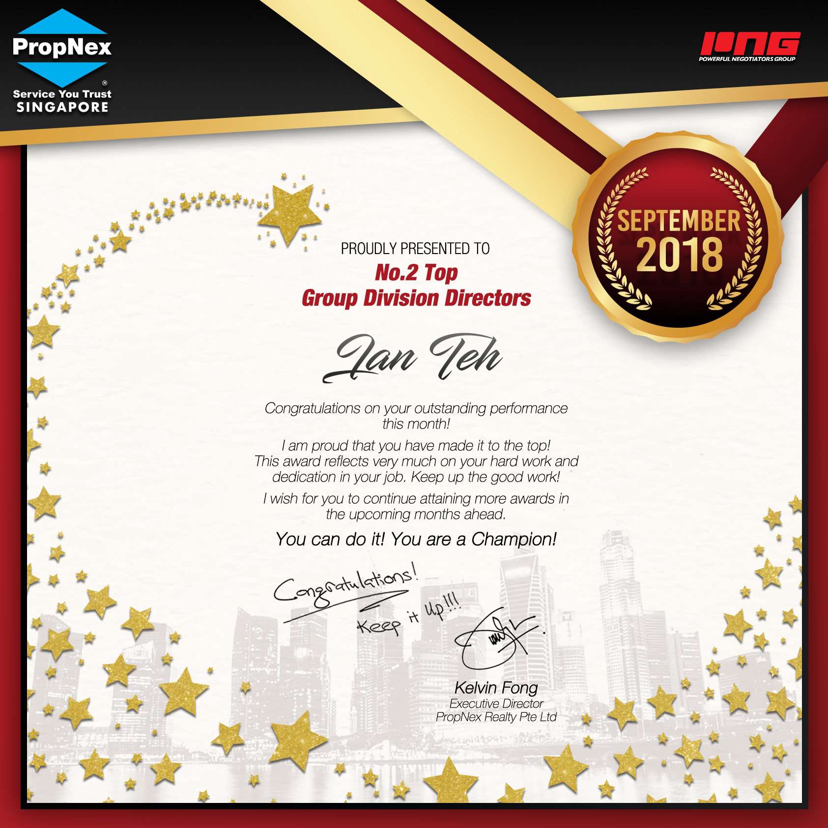 PropNex Top 2nd Group Division Directors · September 2018 (certificate)